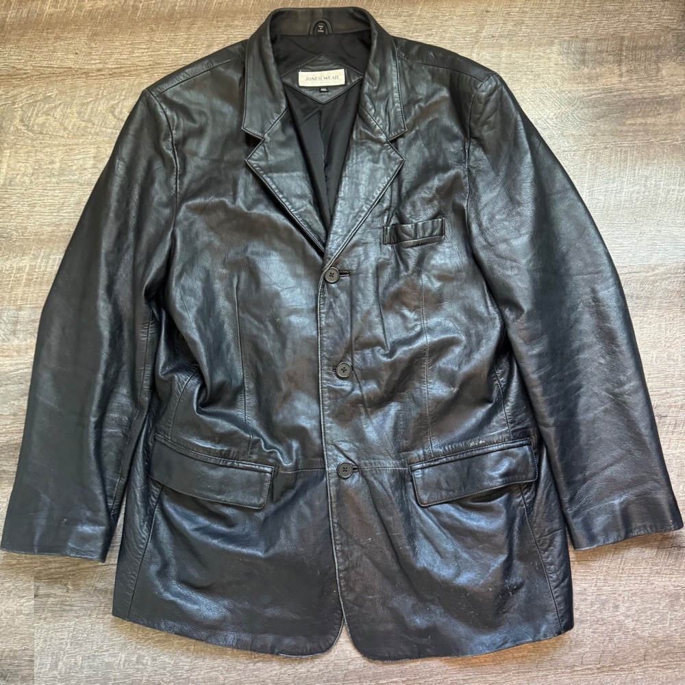 Jones Wear Leather Blazer Jacket 46L Long  Black Genuine Leather 3-Button 90's